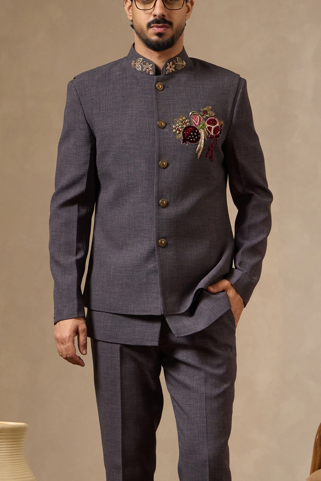 Grey Pure Linen Safari Suit with Parrot Motif Embroidered Waist Coat | Laromani