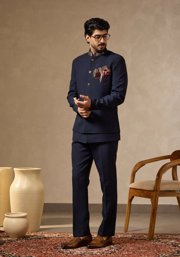 Navy Blue Pure Linen Safari Suit with Parrot Motif Embroidered Waist Coat | Laromani