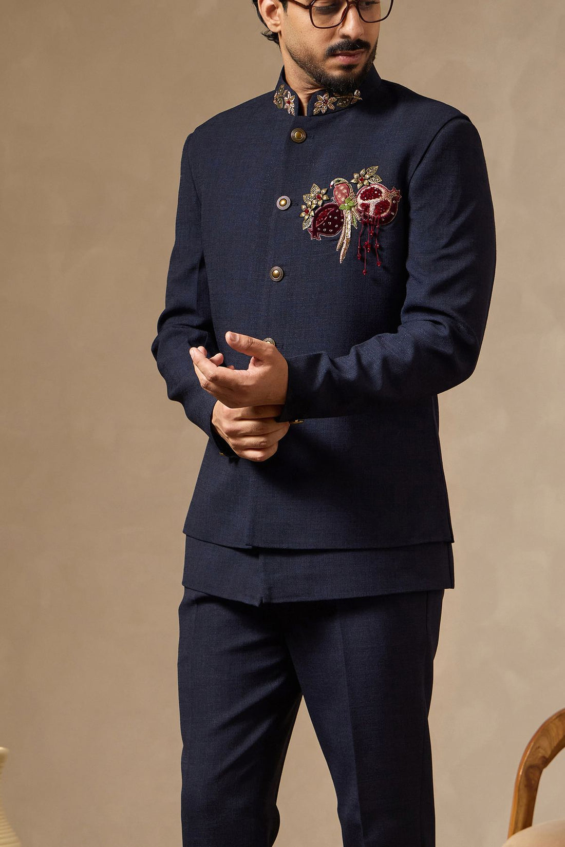 Navy Blue Pure Linen Safari Suit with Parrot Motif Embroidered Waist Coat | Laromani