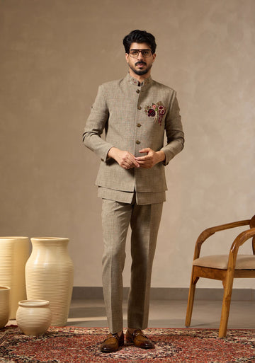 Beige Pure Linen Safari Suit with Parrot Motif Embroidered Waist Coat | Laromani