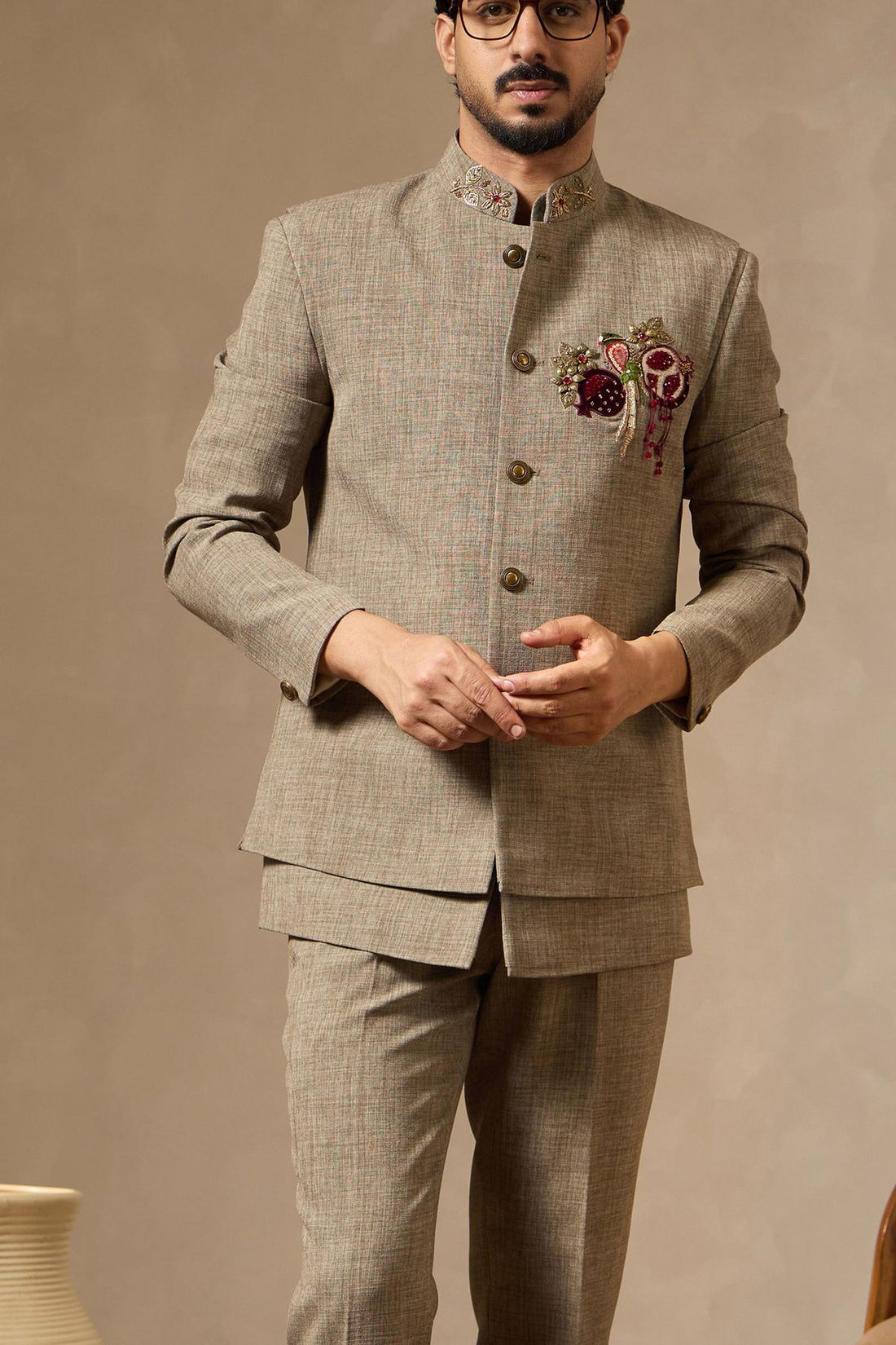 Beige Pure Linen Safari Suit with Parrot Motif Embroidered Waist Coat | Laromani