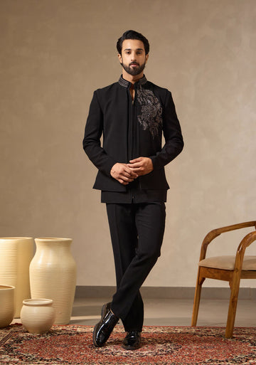 Black Zipper Jodhpuri with Front-Open Crest Embroidered Waistcoat | Laromani
