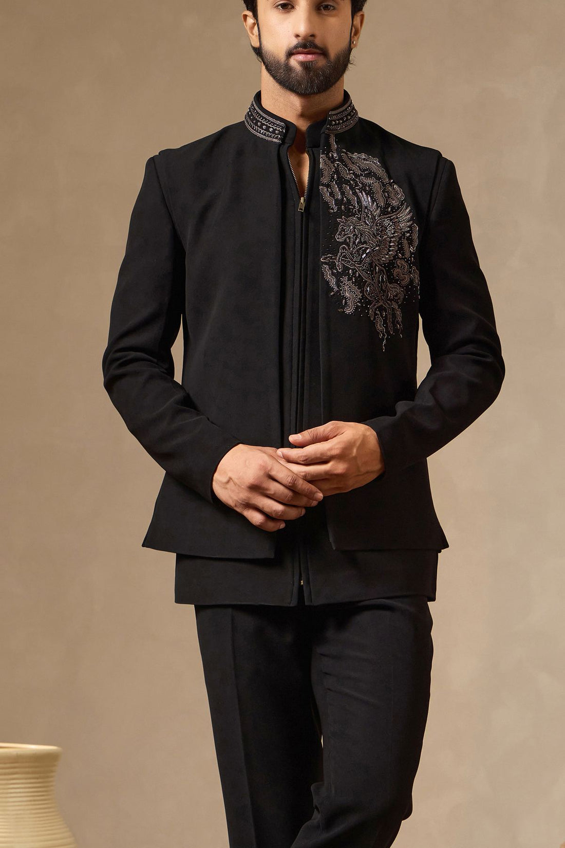 Black Zipper Jodhpuri with Front-Open Crest Embroidered Waistcoat | Laromani