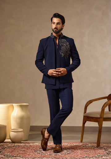Navy Blue Zipper Jodhpuri with Front-Open Crest Embroidered Waistcoat | Laromani