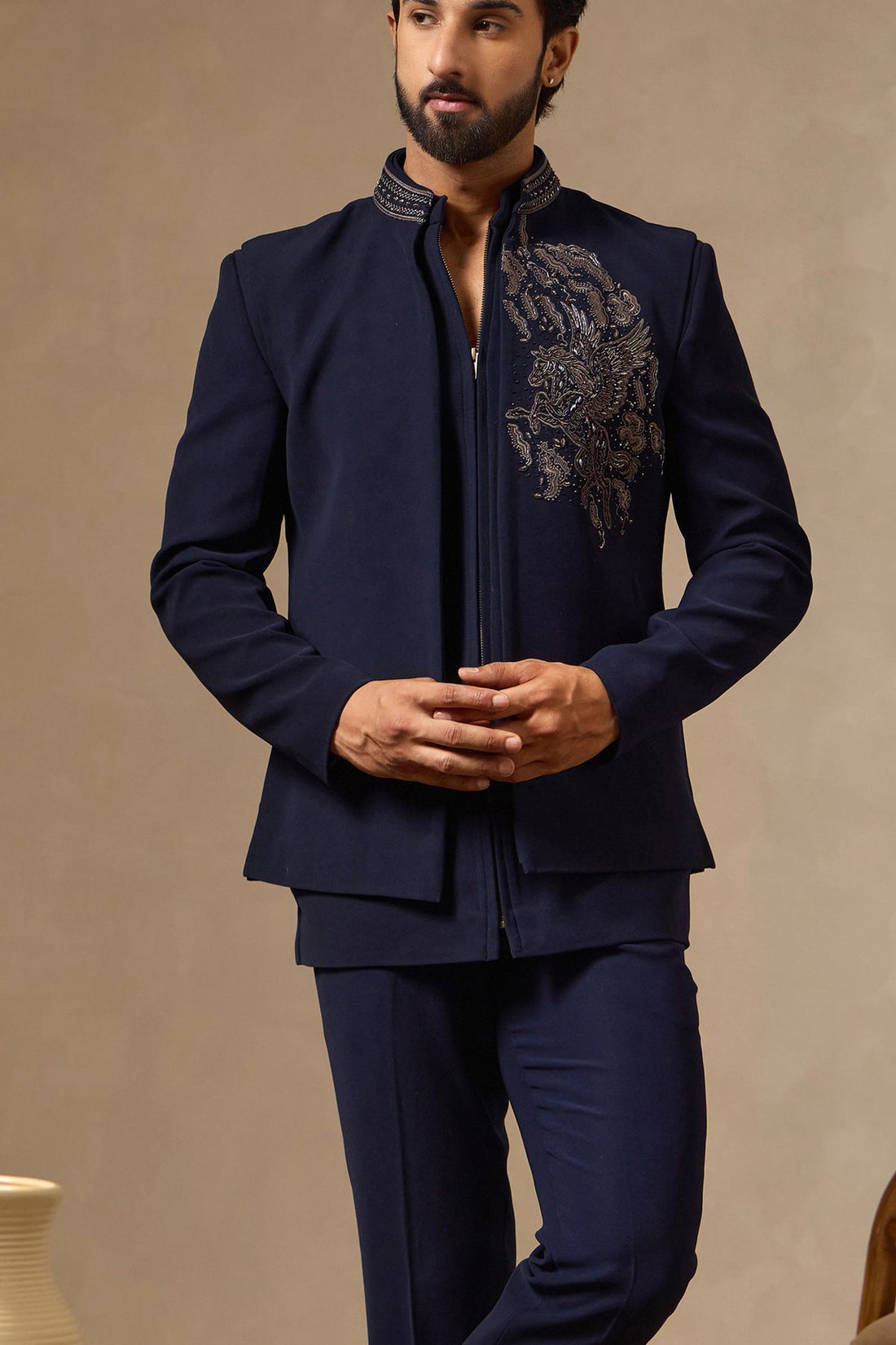 Navy Blue Zipper Jodhpuri with Front-Open Crest Embroidered Waistcoat | Laromani