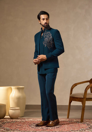 Rama Green Zipper Jodhpuri with Front-Open Crest Embroidered Waistcoat | Laromani