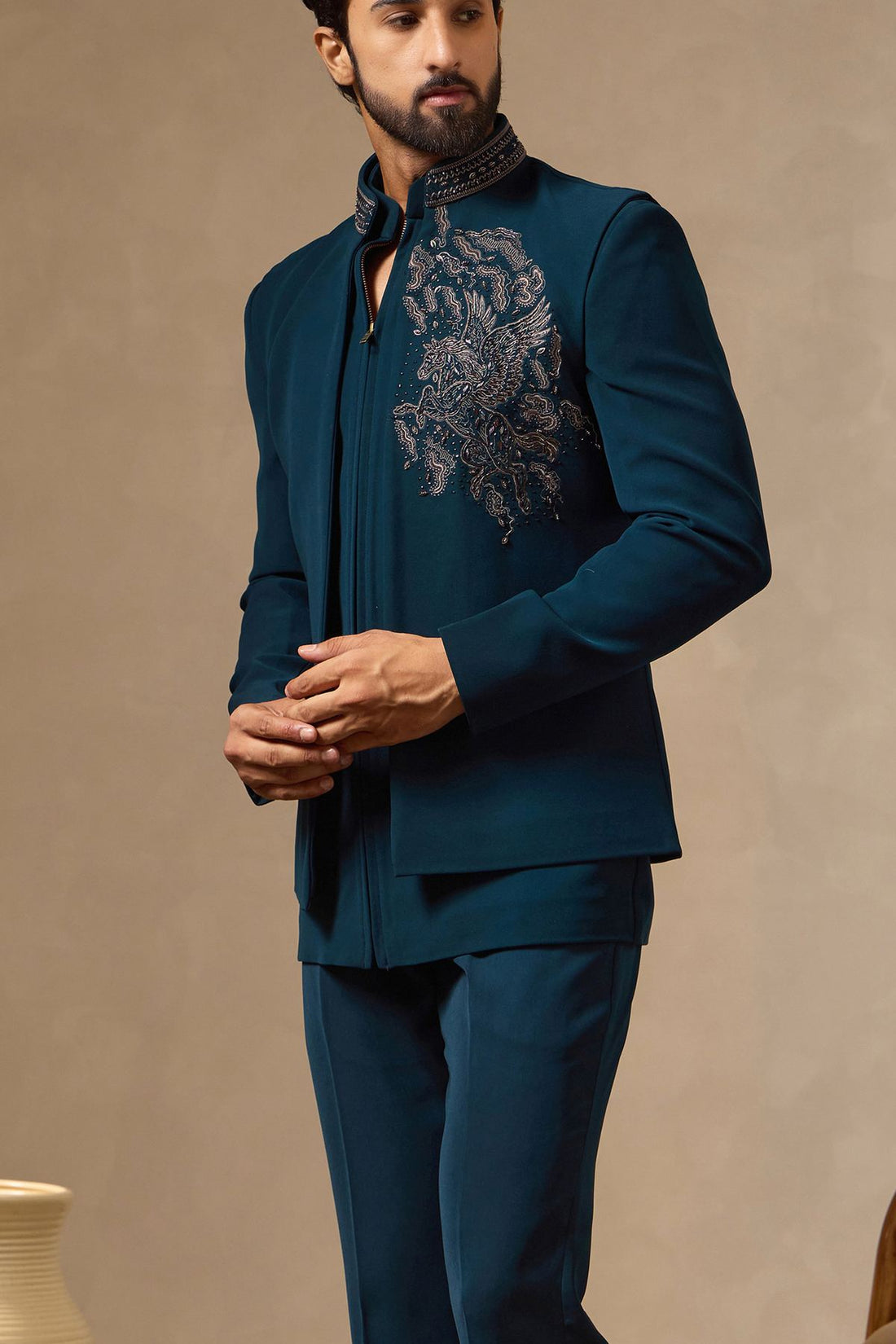 Rama Green Zipper Jodhpuri with Front-Open Crest Embroidered Waistcoat | Laromani