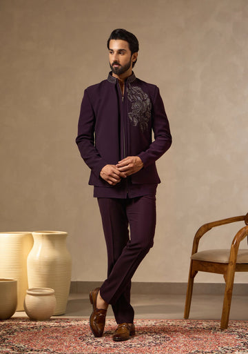 Wine Zipper Jodhpuri with Front-Open Crest Embroidered Waistcoat | Laromani