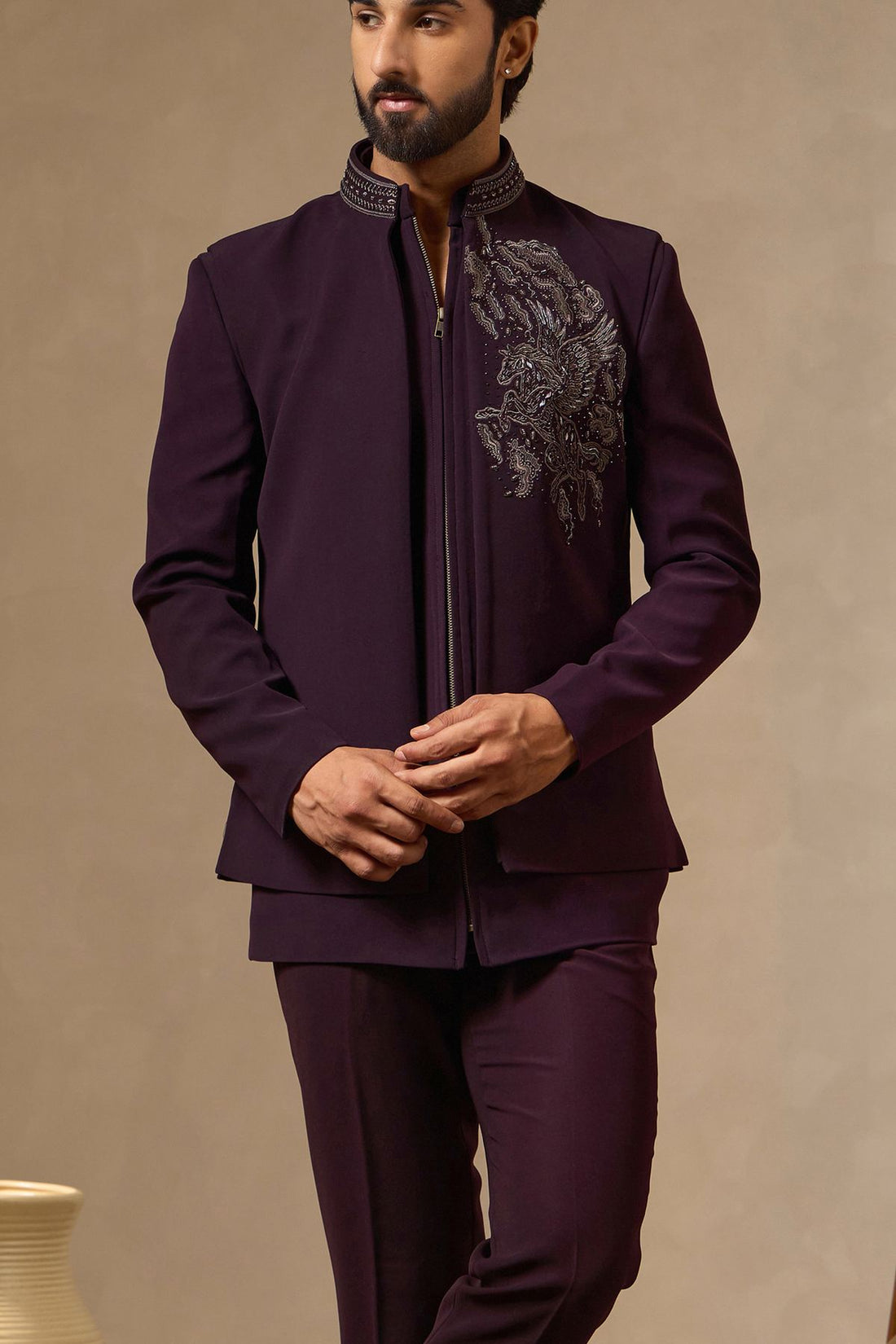Wine Zipper Jodhpuri with Front-Open Crest Embroidered Waistcoat | Laromani