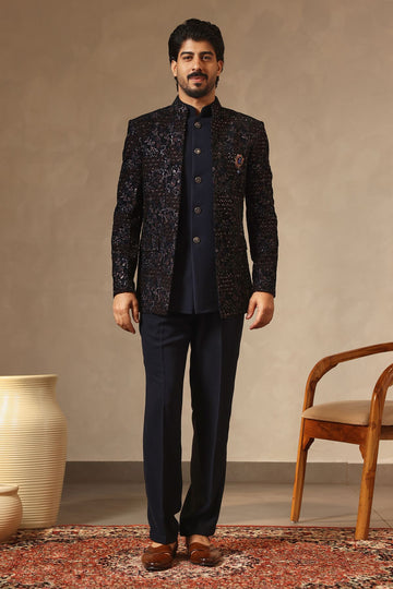 Navy Embroidered Jodhpuri Jacket with Cutdana Work & Bespoke Brooch