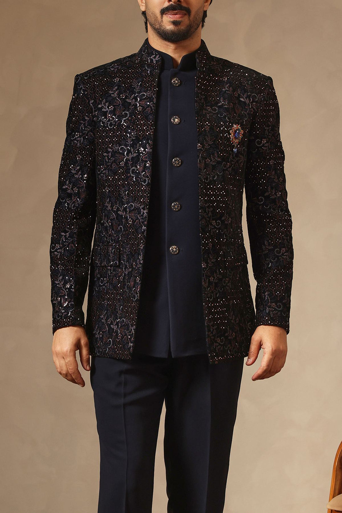 Navy Embroidered Jodhpuri Jacket with Cutdana Work & Bespoke Brooch