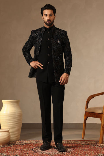 Black Embroidered Jodhpuri Jacket with Cutdana Work & Bespoke Brooch