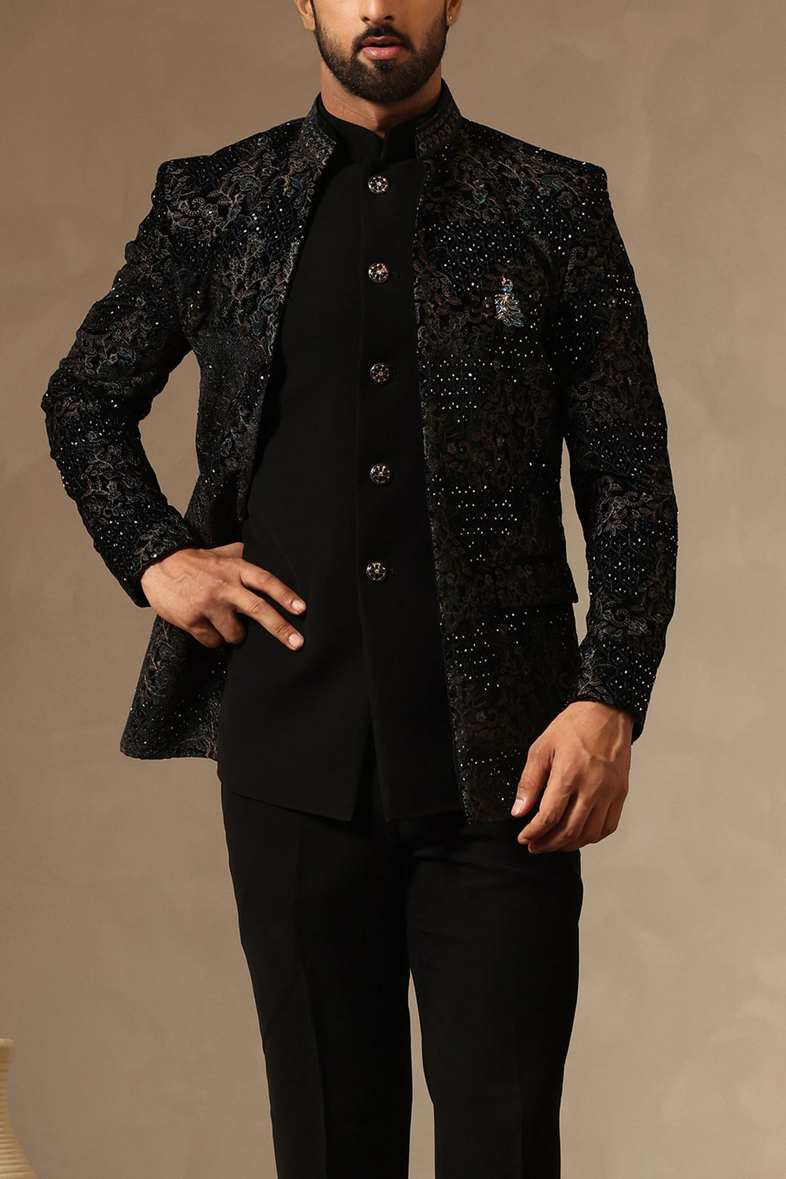 Black Embroidered Jodhpuri Jacket with Cutdana Work & Bespoke Brooch