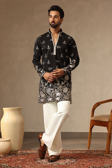 Black Zari-Embroidered Silk Kurta with Relaxed Korean Pants for Men
