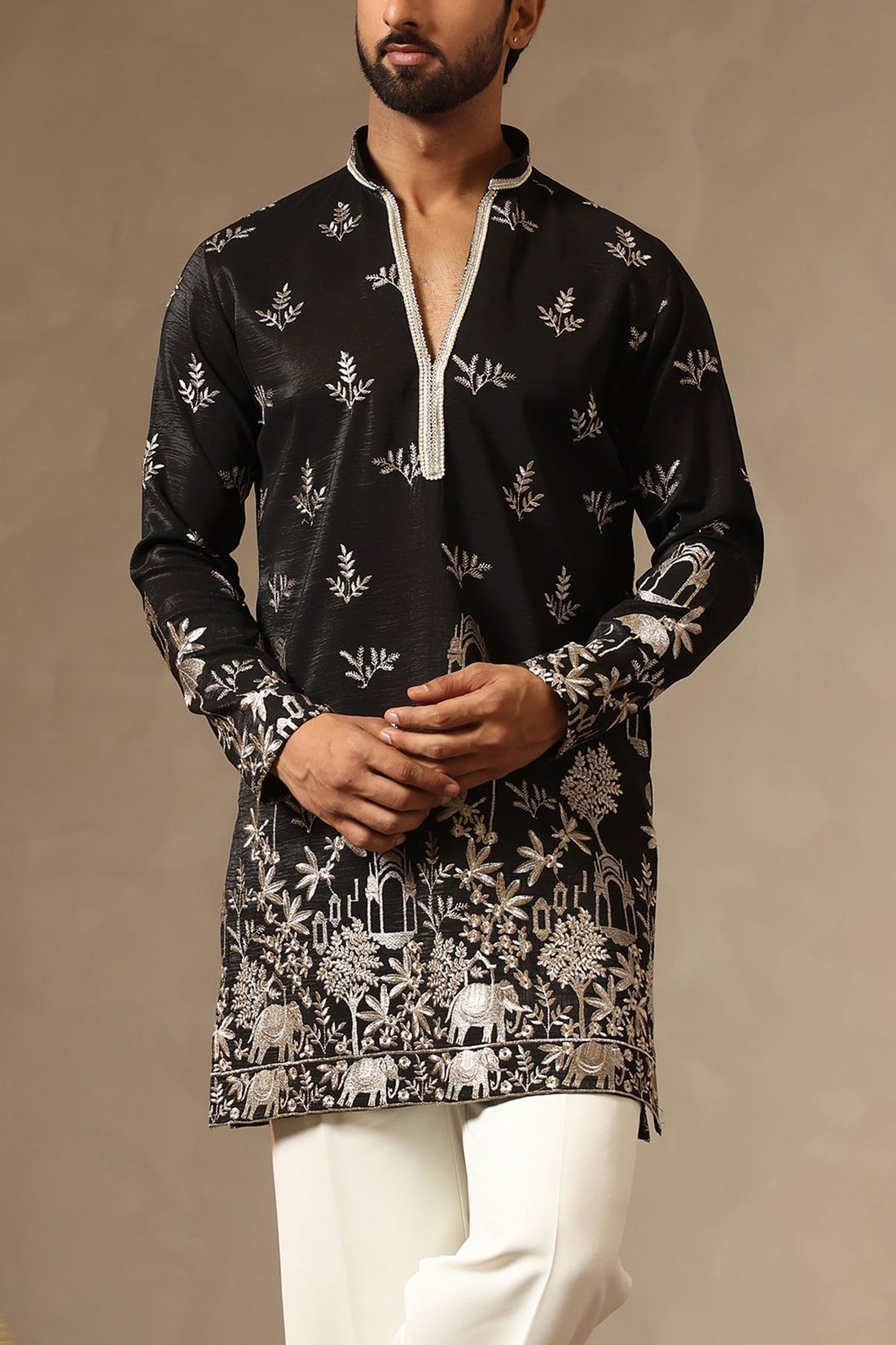 Black Zari-Embroidered Silk Kurta with Relaxed Korean Pants for Men