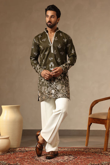 Mehendi Green Zari-Embroidered Silk Kurta with Relaxed Korean Pants for Men