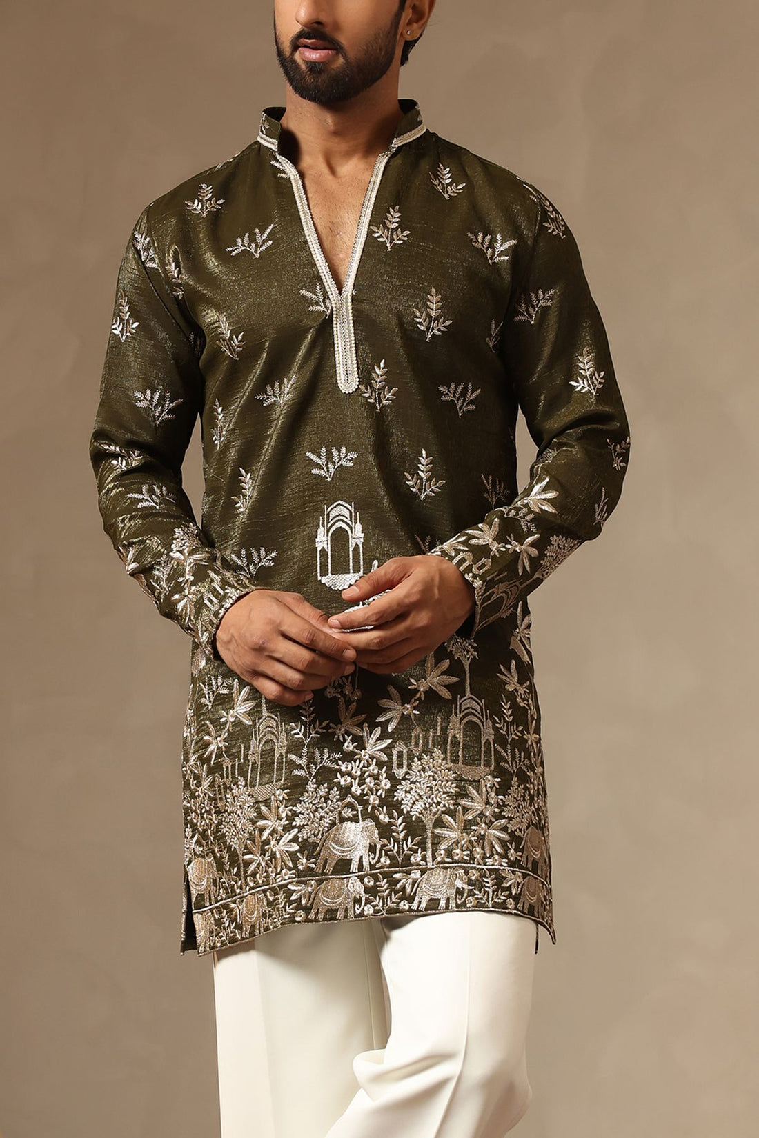 Mehendi Green Zari-Embroidered Silk Kurta with Relaxed Korean Pants for Men