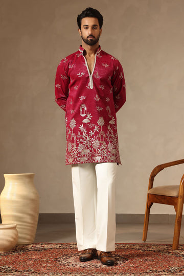 Rani Pink Zari-Embroidered Silk Kurta with Relaxed Korean Pants for Men