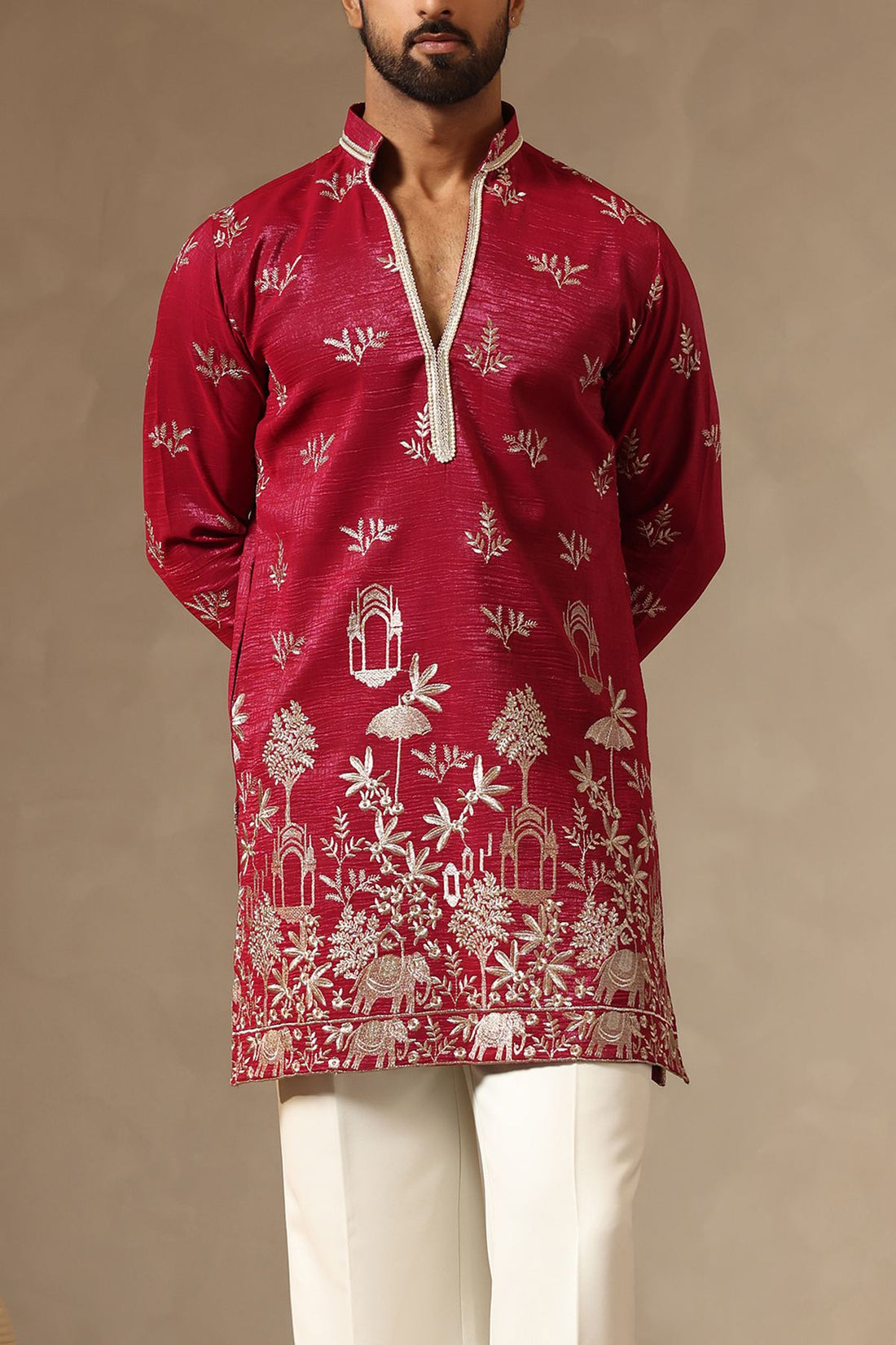 Rani Pink Zari-Embroidered Silk Kurta with Relaxed Korean Pants for Men