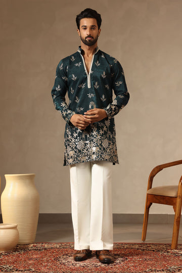 Teal Zari-Embroidered Silk Kurta with Relaxed Korean Pants for Men