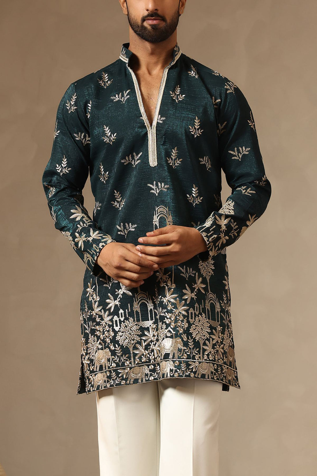 Teal Zari-Embroidered Silk Kurta with Relaxed Korean Pants for Men