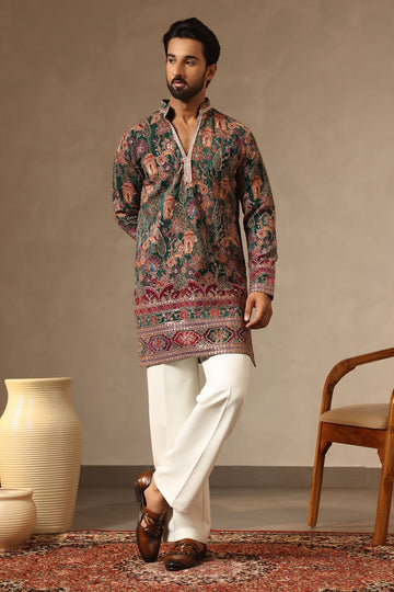 Emerald Green Silk V-Neck Kurta with Korean Pants for Groomsmen