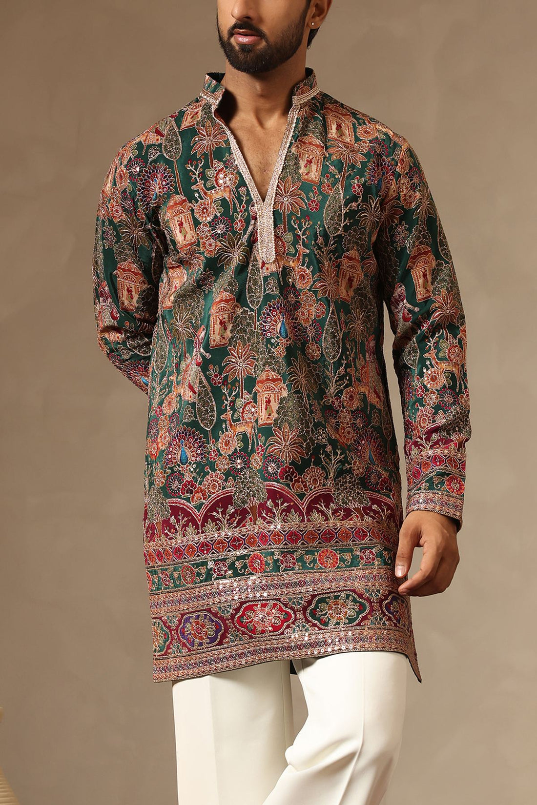 Emerald Green Silk V-Neck Kurta with Korean Pants for Groomsmen