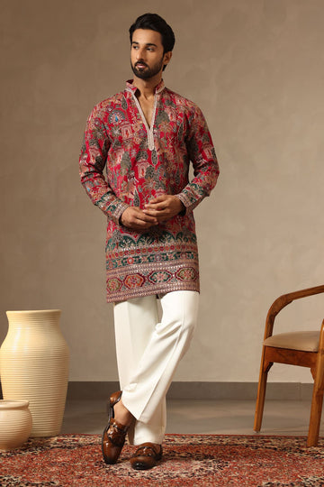 Red Silk V-Neck Kurta with Korean Pants for Groomsmen