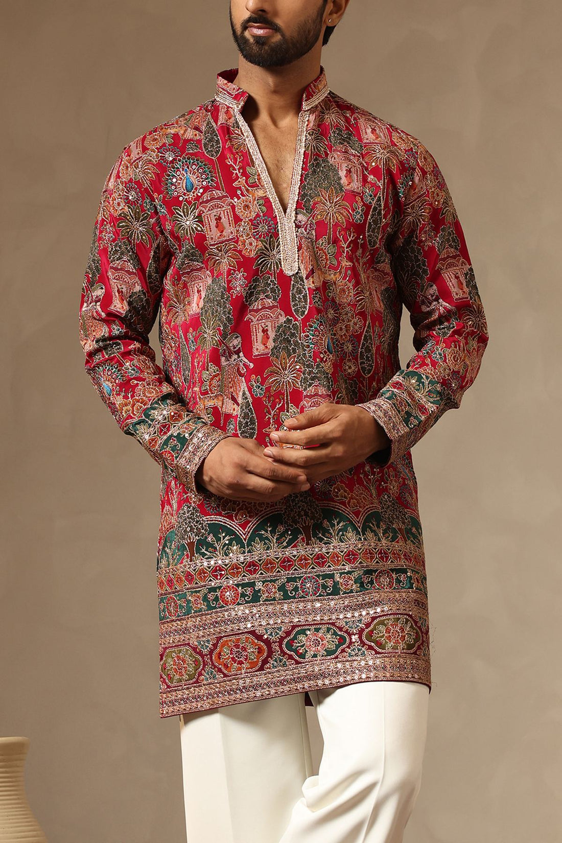 Red Silk V-Neck Kurta with Korean Pants for Groomsmen