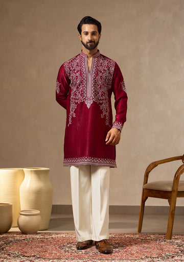 Burgundy Silk Zari Embroidered Kurta for Men