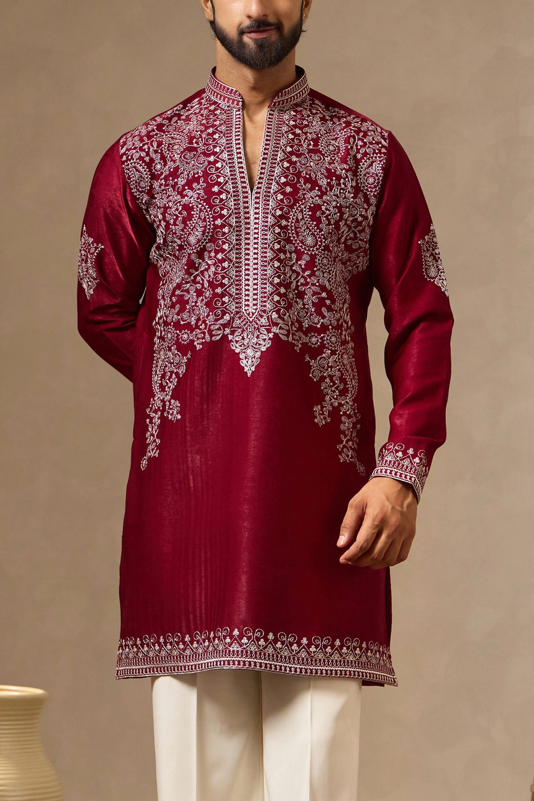 Burgundy Silk Zari Embroidered Kurta for Men
