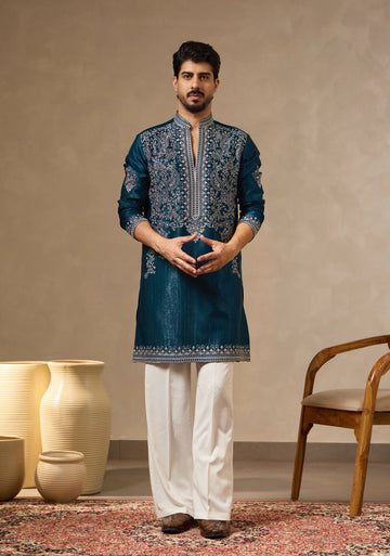 Deep Teal Blue Velvet Silk Zari Embroidered Kurta for Men