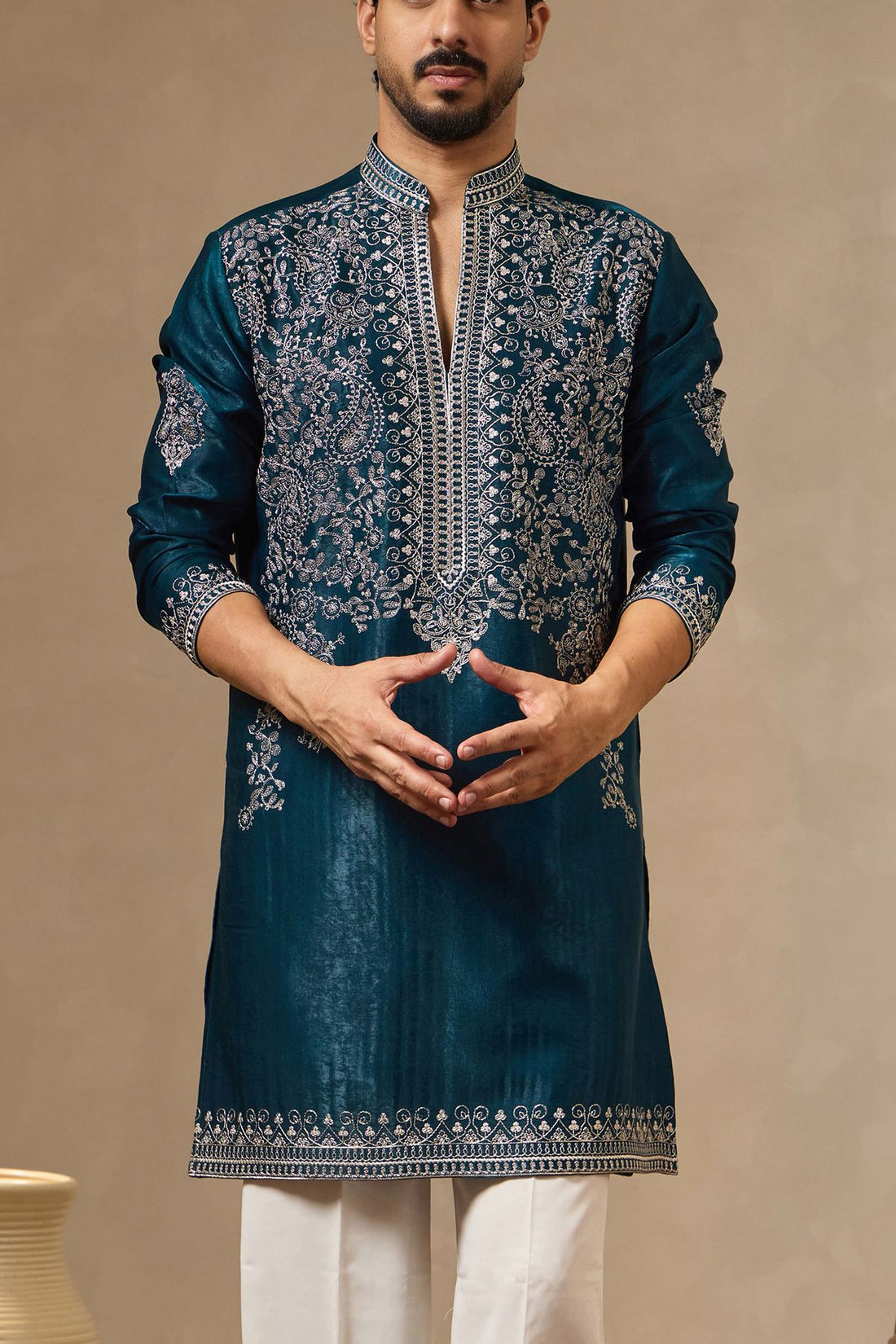 Deep Teal Blue Velvet Silk Zari Embroidered Kurta for Men