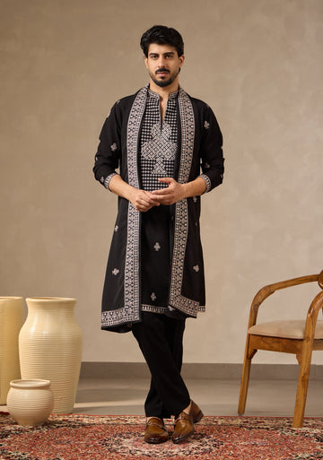 Premium Embroidered Black Kurta Set with Dupatta. Perfect for Diwali, Cards Nights & Sufi Evenings.