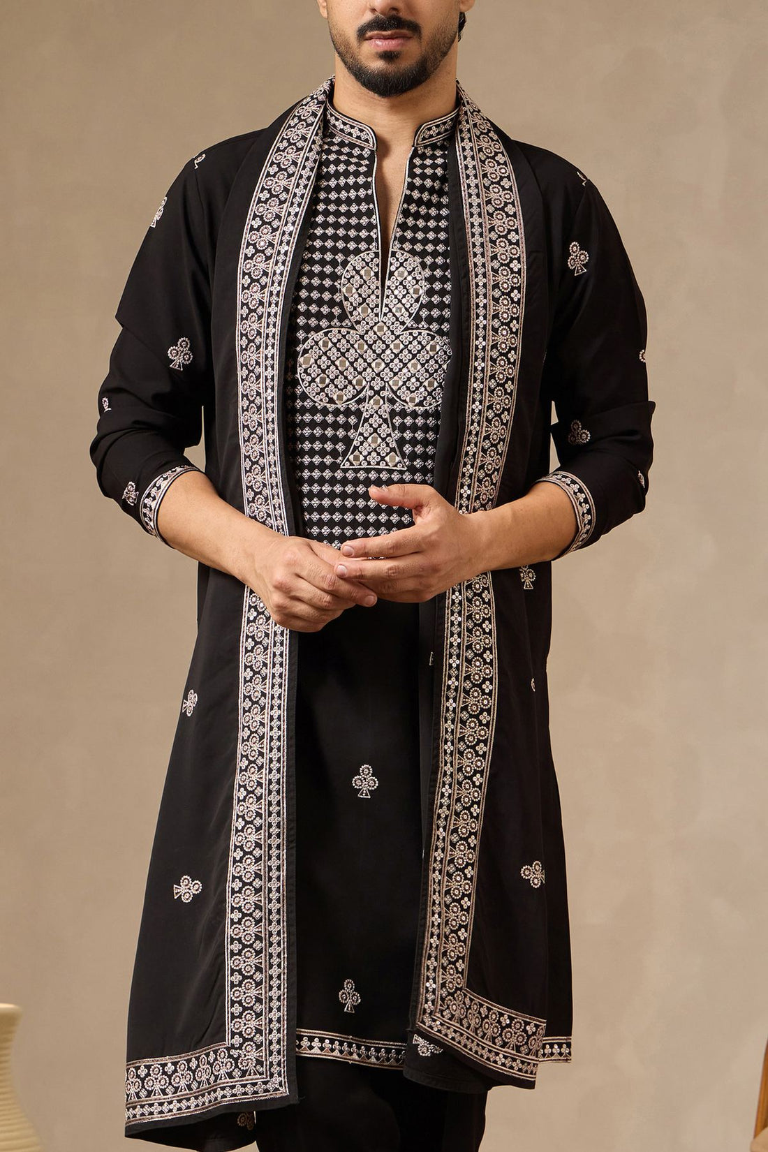Premium Embroidered Black Kurta Set with Dupatta. Perfect for Diwali, Cards Nights & Sufi Evenings.