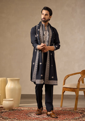 Premium Embroidered Navy Blue Kurta Set with Dupatta. Perfect for Diwali, Cards Nights & Sufi Evenings.