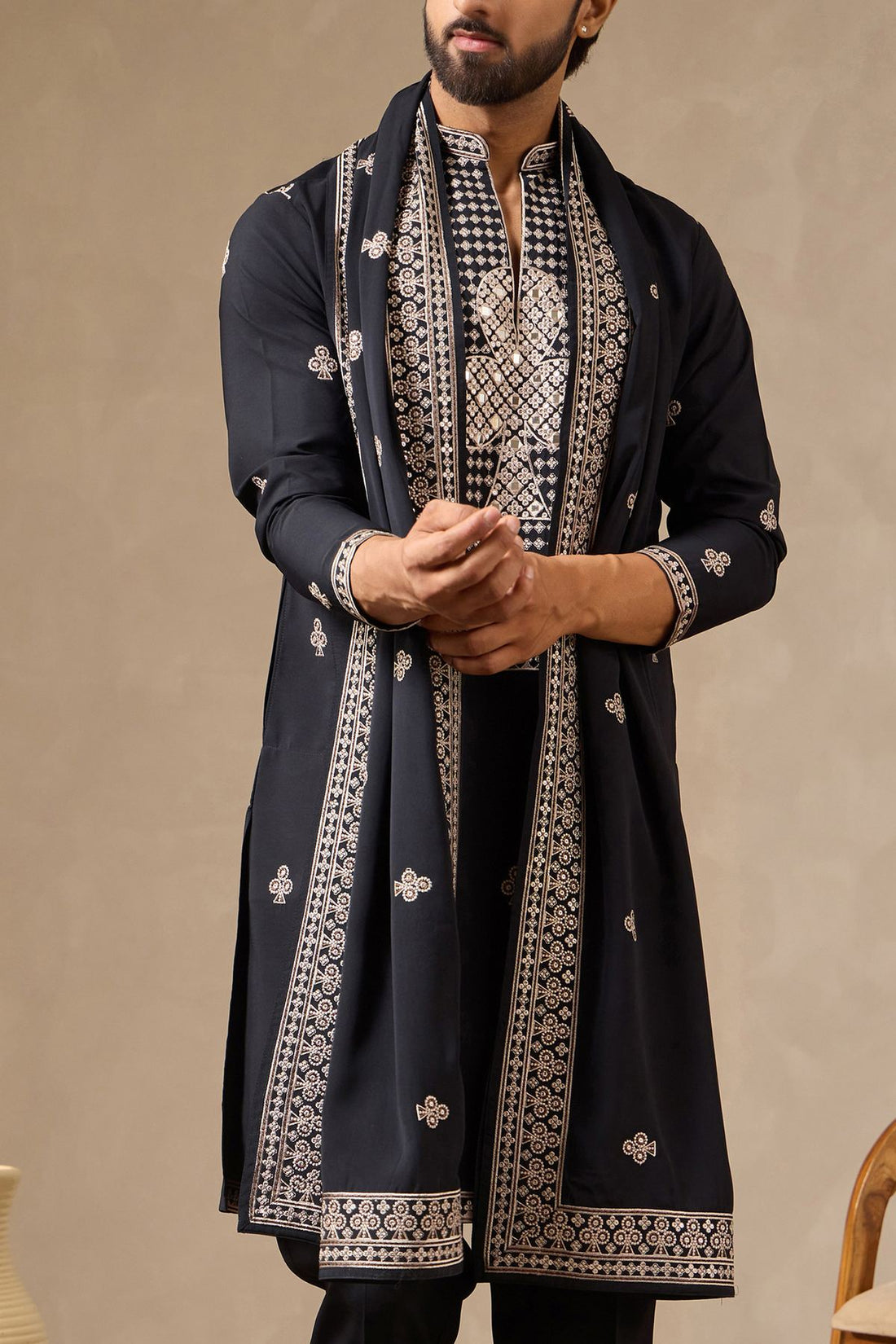 Premium Embroidered Navy Blue Kurta Set with Dupatta. Perfect for Diwali, Cards Nights & Sufi Evenings.