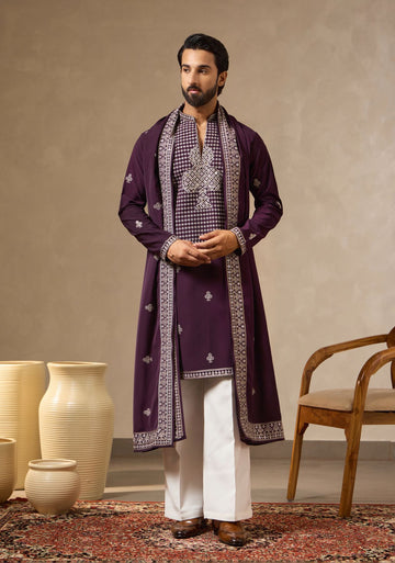 Premium Embroidered Wine Kurta Set with Dupatta. Perfect for Diwali, Cards Nights & Sufi Evenings.