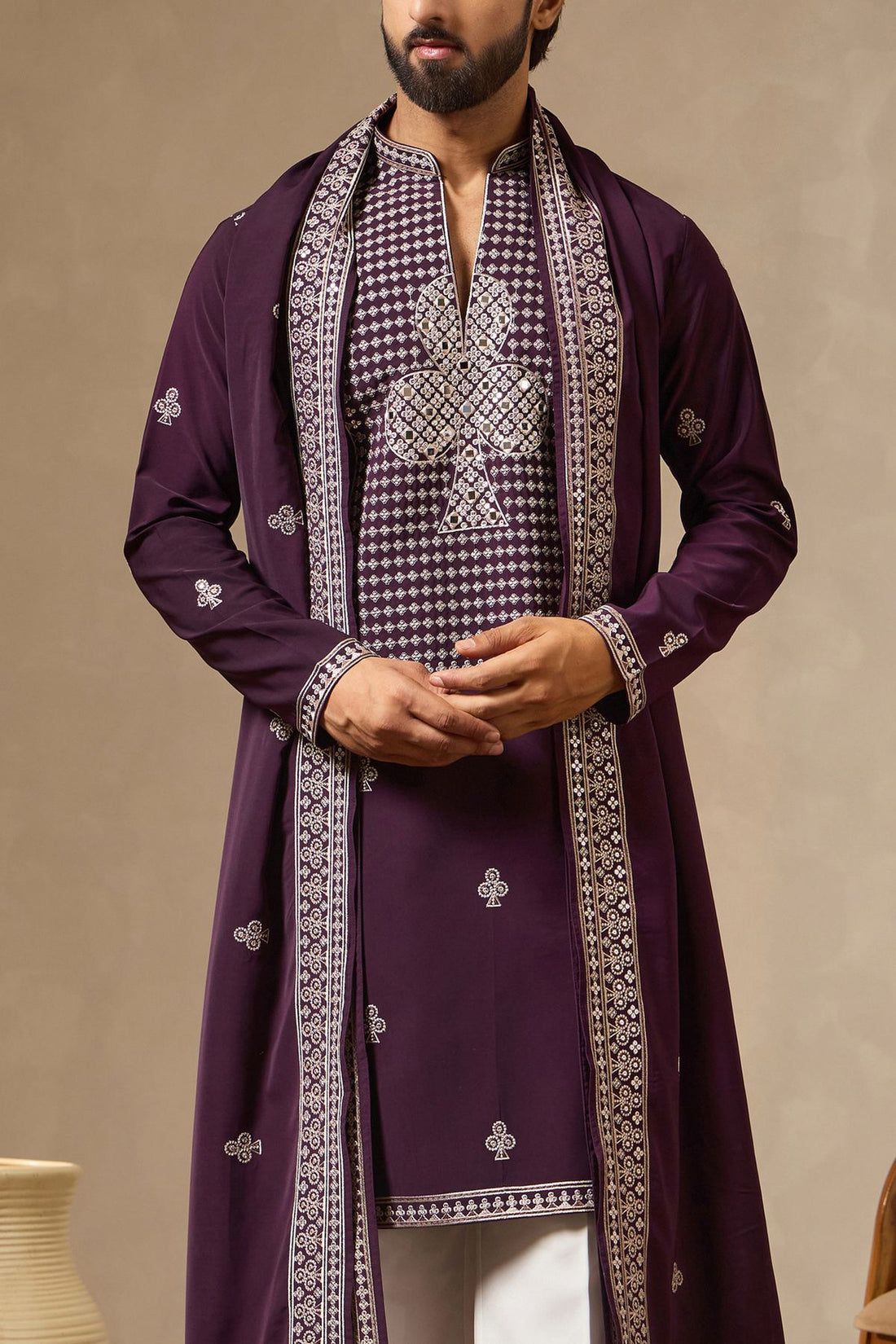 Premium Embroidered Wine Kurta Set with Dupatta. Perfect for Diwali, Cards Nights & Sufi Evenings.