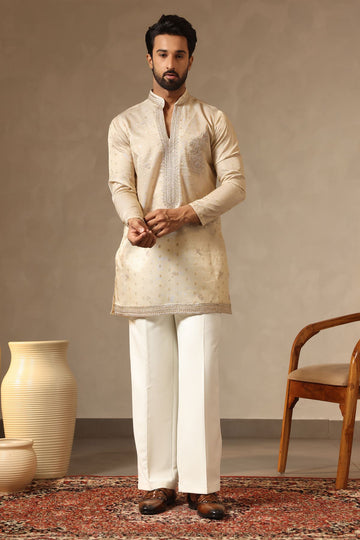 Fawn Designer V-Neck Kurta for Men – Premium Tissue Fabric | Laromani