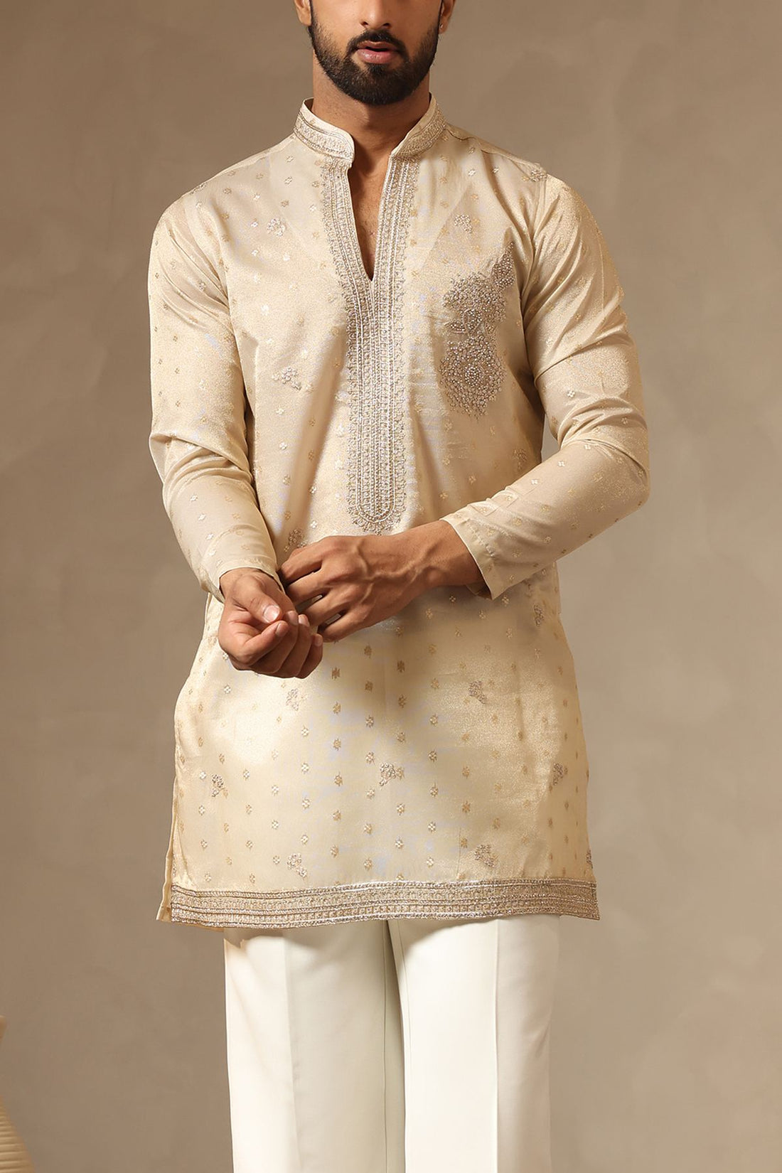 Fawn Designer V-Neck Kurta for Men – Premium Tissue Fabric | Laromani