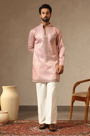 Onion Pink Designer V-Neck Kurta for Men – Premium Tissue Fabric | Laromani