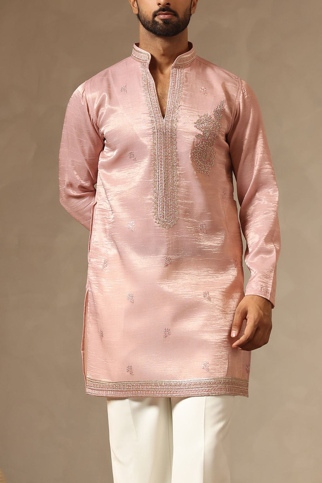 Onion Pink Designer V-Neck Kurta for Men – Premium Tissue Fabric | Laromani