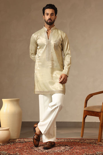 Pista Green Designer V-Neck Kurta for Men – Premium Tissue Fabric | Laromani