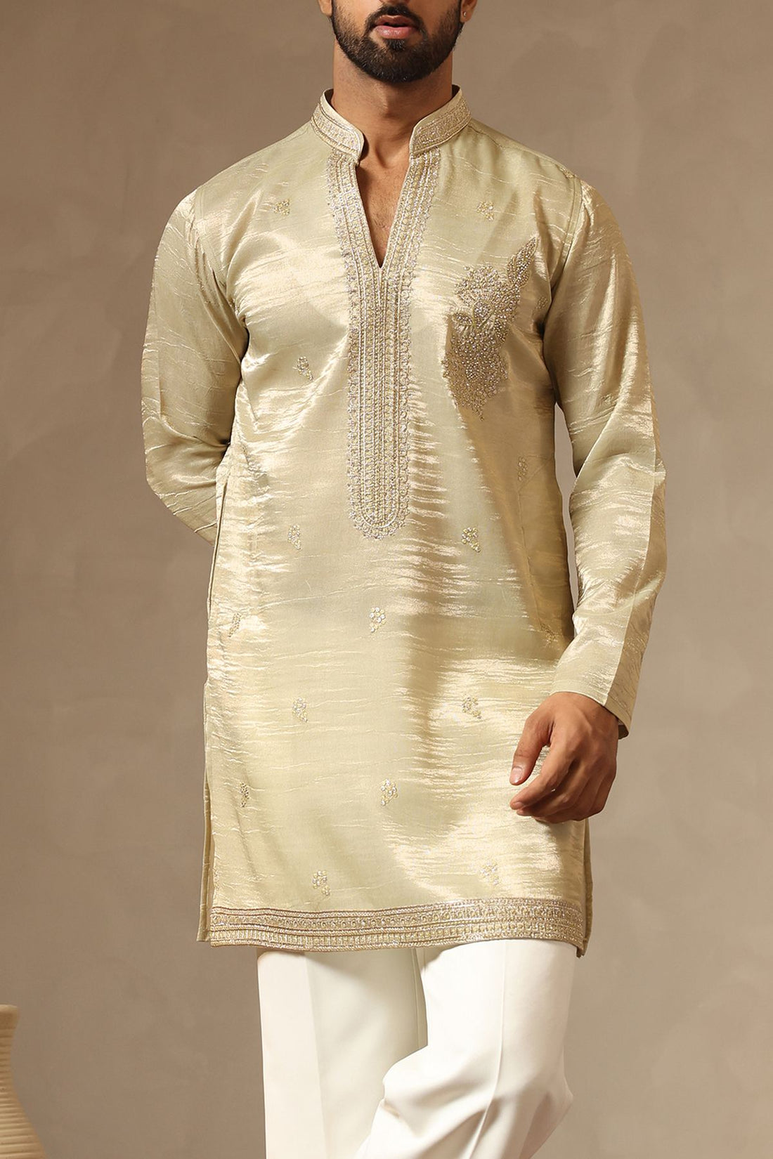 Pista Green Designer V-Neck Kurta for Men – Premium Tissue Fabric | Laromani