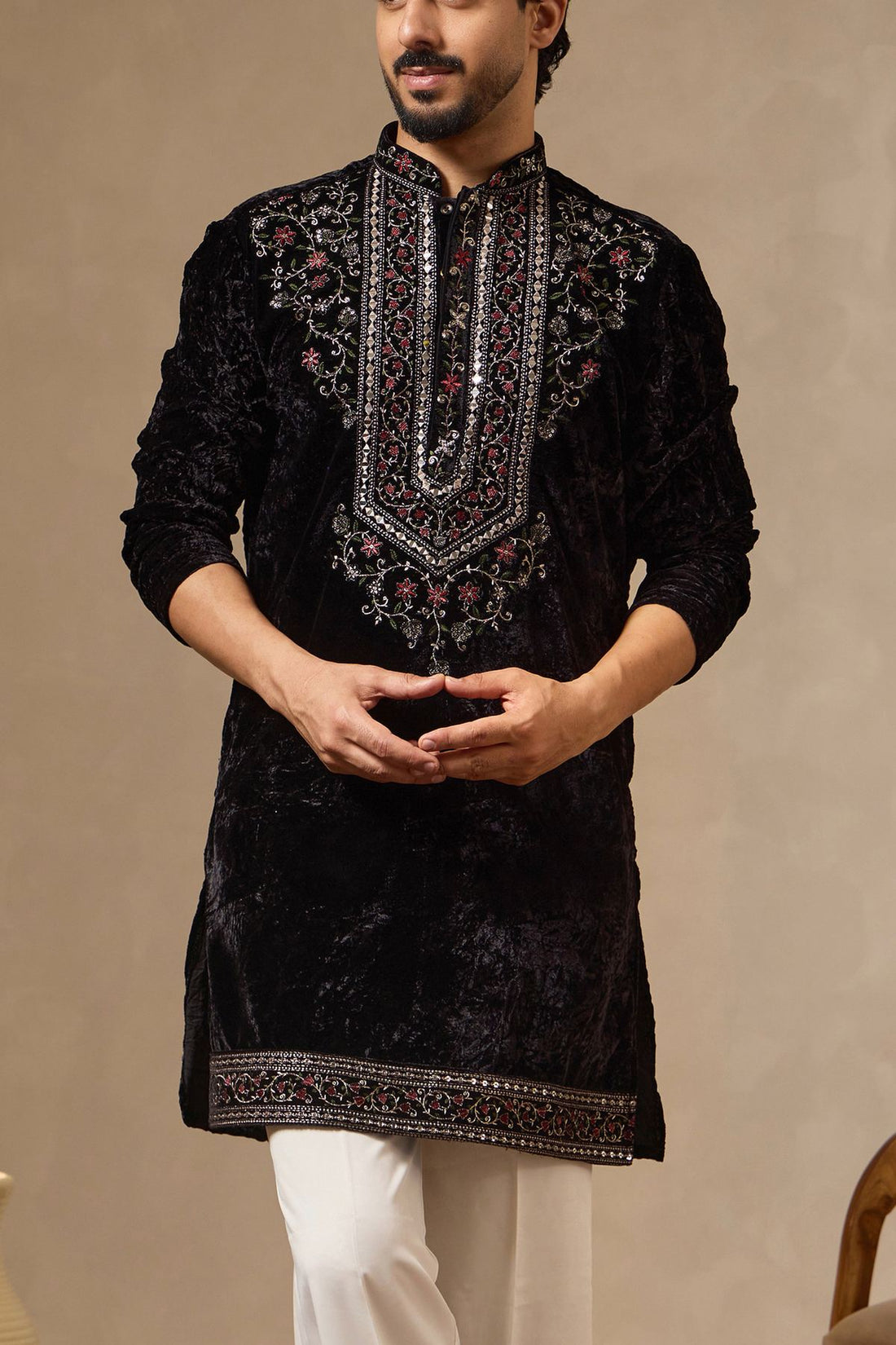 Black Crushed Velvet Kurta with Thread, Zari & Mirror Work | Laromani