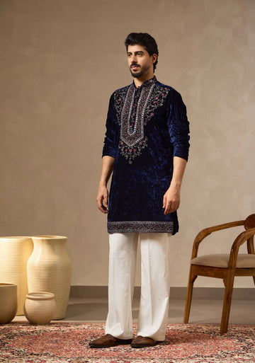 Royal Blue Crushed Velvet Kurta with Thread, Zari & Mirror Work | Laromani
