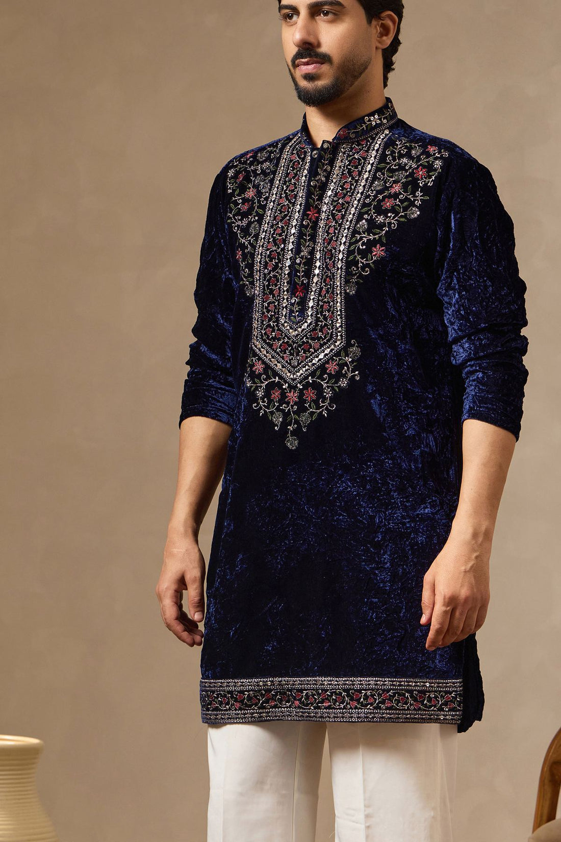 Royal Blue Crushed Velvet Kurta with Thread, Zari & Mirror Work | Laromani