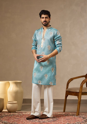 Aqua Floral Kurta with Korean Pants – Silk Chinon | Laromani A/W 2026