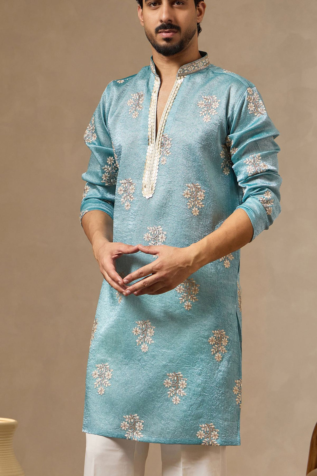 Aqua Floral Kurta with Korean Pants – Silk Chinon | Laromani A/W 2026